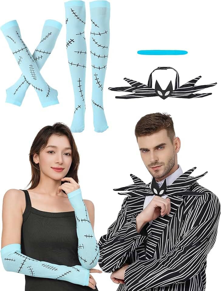 Fantasias de Halloween para casais acessórios incluem meias azuis claras costuradas para cicatrizes até a coxa, pintura de rosto azul, gola V, gravata borboleta para festa de cosplay de Halloween
