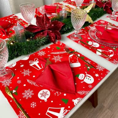 Jogo Americano Tecido 6 Un + 6 Guardanapos + 6 Porta Guardanapos (Natal 1 guard vermelho)