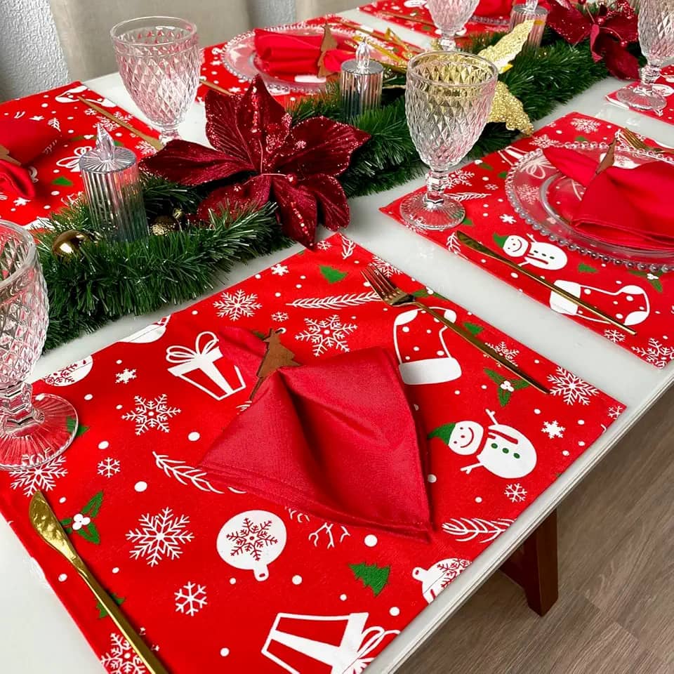 Jogo Americano Tecido 6 Un + 6 Guardanapos + 6 Porta Guardanapos (Natal 1 guard vermelho)