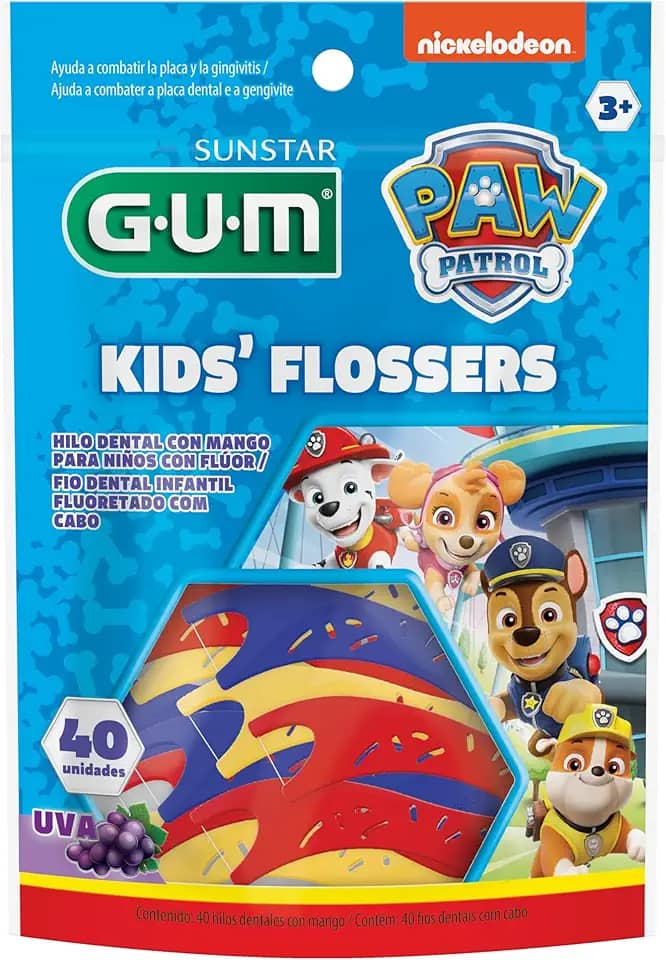 Flosser GUM Patrulha Canina, Fio Dental Infantil com haste, Sabor Uva, 40 unid., Gum, Sortidas