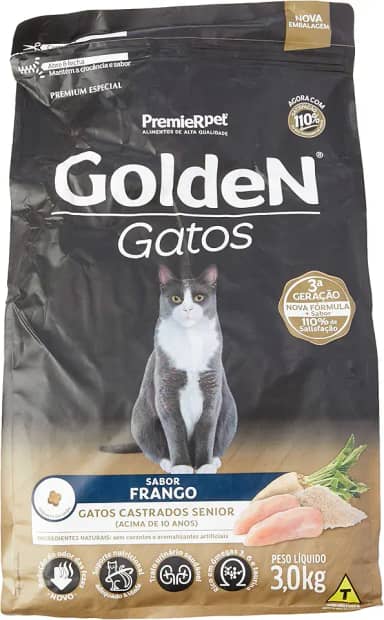 Ração Golden para Gatos Sênior Castrados sabor Frango - 3kg Premier Pet Idosos - Sabor Sem sabor