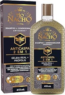 Tio Nacho Anticaspa 2 em 1 com Geleia Real e Extrato de Própolis, ajuda a combater a caspa do couro cabeludo diminuindo a sensação de coceira, deixando-o forte, hidratado e fácil de pentear 415 ml