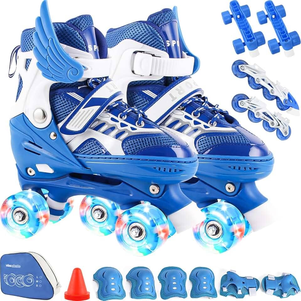 Patins Infantil 2 Em 1 Ajustável Patins 4 Rodas, Patins Quad, Patins Infantil Menina, Ajustável com Bolsa e Kit Proteção, Para meninas, meninos e iniciante