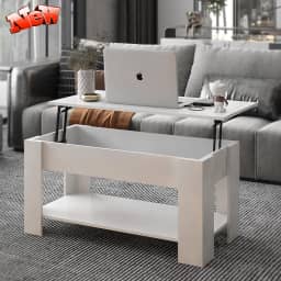 Versão atualizada moderna mesa de centro elevatória com 2 gavetas e compartimento de armazenamento oculto, mesa central de coquetel para sala de estar, madeira espessa (branco + gavetas) (branco +