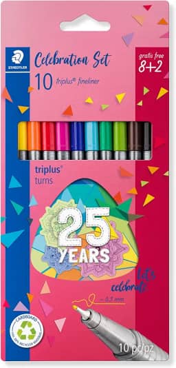 STAEDTLER Caneta Ponta Fina Triplus Fineliner 0.3mm - 334 BK10 TA - Estojo - 10 Cores (8+2) Sortidas - Corpo Ergonômico Triangular – Ideal para Escrita e Bullet Journal