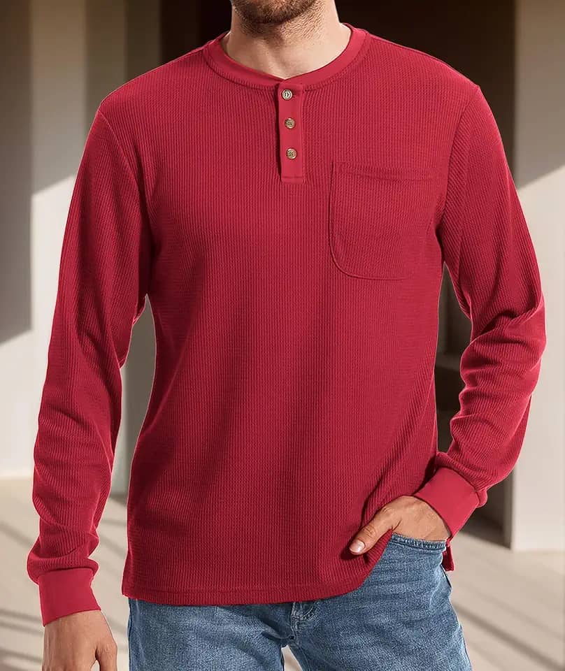 Camisetas masculinas Henley manga curta botão waffle com bolso