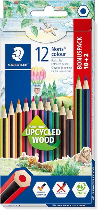 STAEDTLER Lápis de Cor Noris 185 C12P Sextavado, Madeira Reutilizada x10 Cores + 2 Lápis