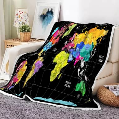JAWO Cobertor de mapa do mundo, cobertores de países e grandes cidades para adolescentes, crianças, meninos, meninas, mapa do mundo, cobertor para sofá, cama, viagem, acampamento, 127 x 152 cm, preto