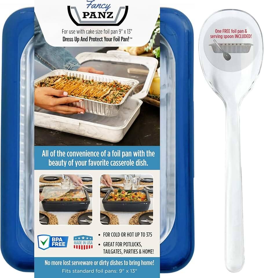 Fancy Panz Forma de bolo de folha de 24 x 33 cm, vista e proteja sua forma de alumínio feita nos EUA, assadeira e colher de servir incluídas. Comida quente ou fria. Empilhável para facilitar a viagem. (azul jeans)