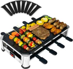 TAMARIT Grelha Raclette para 8 pessoas, grelha elétrica para festa com placa antiaderente, 8 panelas e espátulas, 1500 W (interior), aço inoxidável