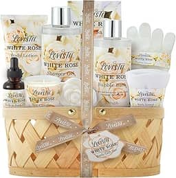 LOVESTEE Cesta de Presente para Spa de Banho e Corpo para Mulheres, Melhor Presente para O Natal, Dia Das Mães e Aniversário, Conjunto de Loção Corporal de Rosa Branca, Gel de Banho, Banho de Espuma, Sal de Banho, Toalha, Sabonete, Óleo, Vela, Luvas,
