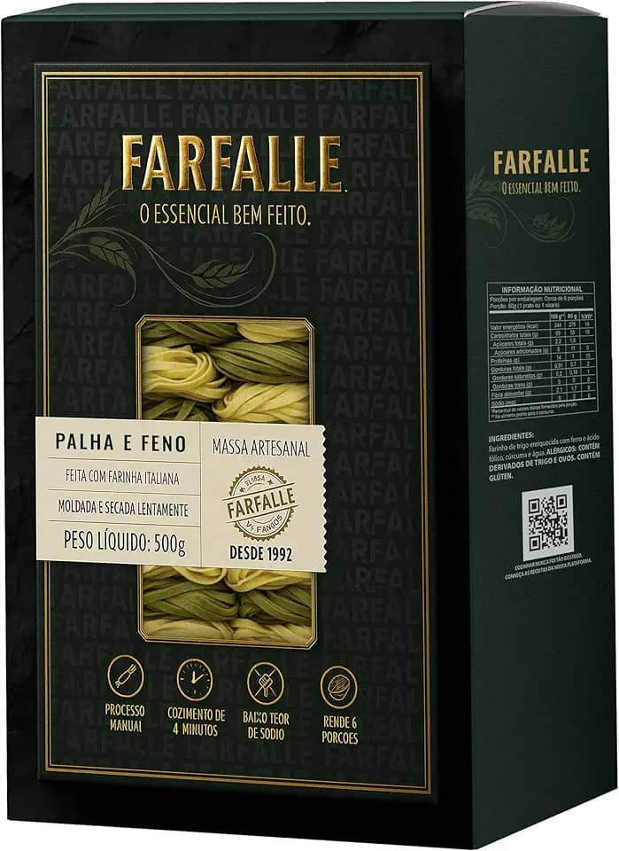 Macarrão Palha e Feno Artesanal 500g - Feito com Farinha Italiana Moldada e Secada Lentamente - Pasta italiana artesanal FARFALLE