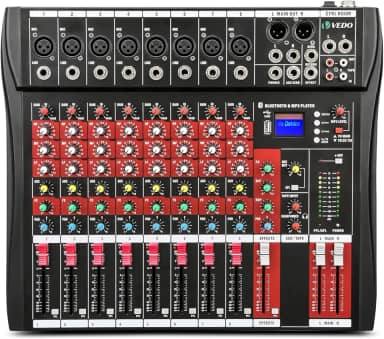 VDA208L Console de mistura,8 Canais Mixer Profissional para Shows ao Vivo, Karaokê - USB/Bluetooth, Efeito de Reverb, Saída de Monitoração, Controle de Som Estúdio e Palco