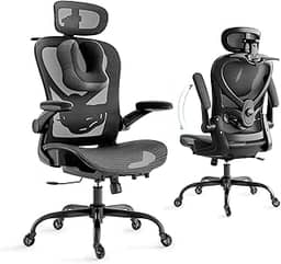 LarkLeaves Cadeira Escritorio com Travesseiro para Pescoço e Encosto de Cabeça 3D, Cadeira Ergonomica com Cabide e Rodas de Borracha, Cadeira Presidente com Suporte Lombar 2D e Braços Rebatíveis,Preta