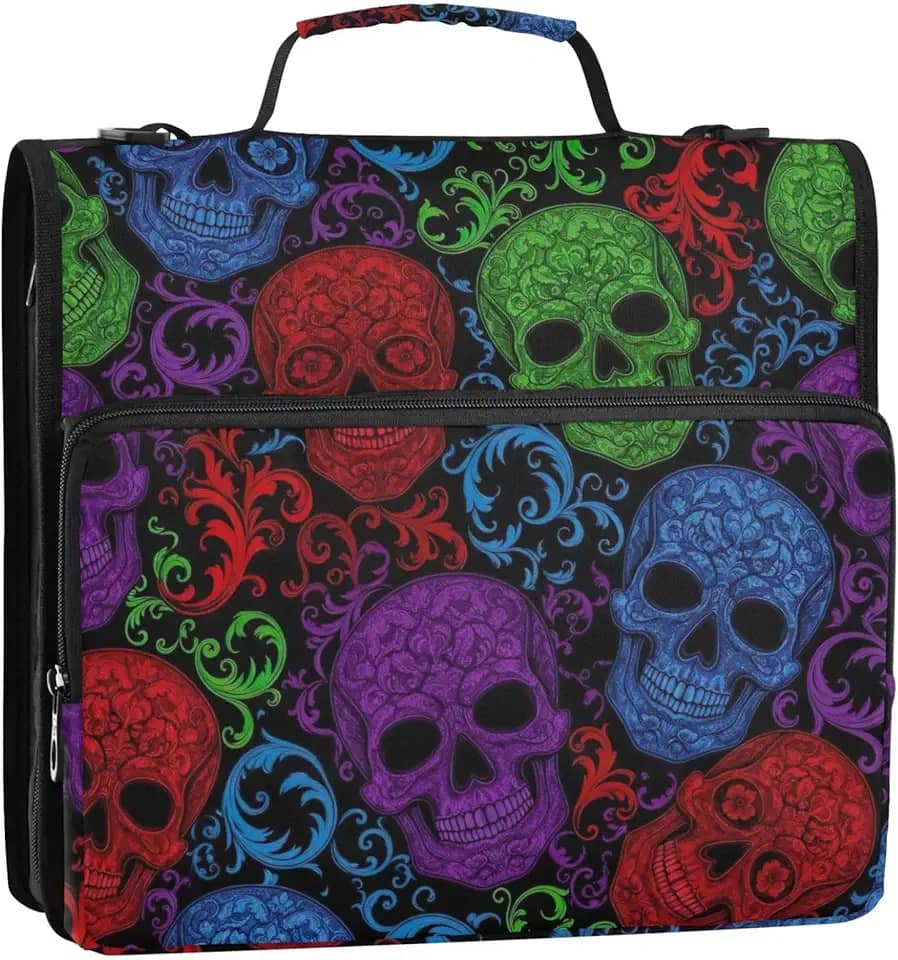 Crânios coloridos fichários de 3 cm 3 anéis resistentes com zíper organizador de fichário bolsa de fichário para ensino médio com alça portfólio colorido e suporte de pasta de anel, 34,5 x 31,5 x 9 cm