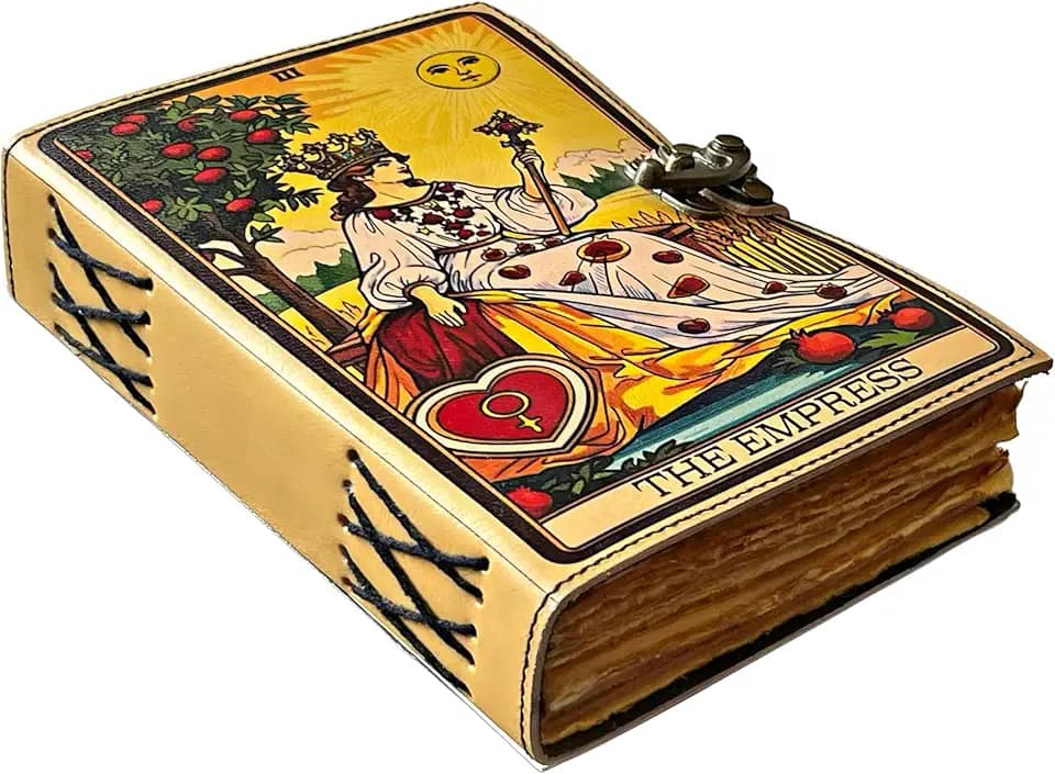 Diário de couro feito à mão The Empress – Livro de feitiços em branco das sombras, grimório vintage, diário de lixo, caderno de desenho e caderno de couro – 200 páginas na borda do baralho – presentes