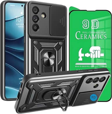 Capinha Capa para Galaxy A56 com Película em Cerâmica 9D - Case Protetora Anti Impacto Armadura Militar com Suporte de Anel Magnético - FD Acessórios. (Preto)