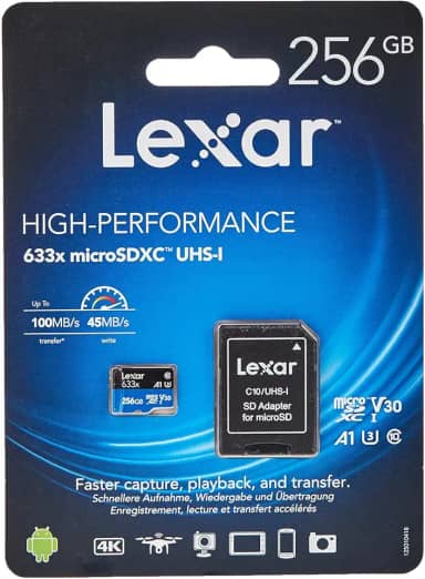 256GB– Class 10, A1, UHS-I (U3), V30, 633x (up to 100MB/s read, up to 45MB/s write)
