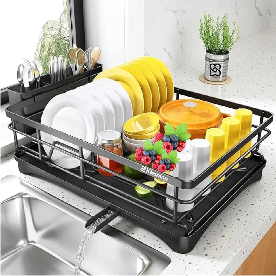KLEMING| Escorredor De Louças Kleming, Preto em aço Carbono Resistente a Ferrugem com Bandeja, Multifuncional com Suporte de Utensílios, Antiderrapante, Preto.