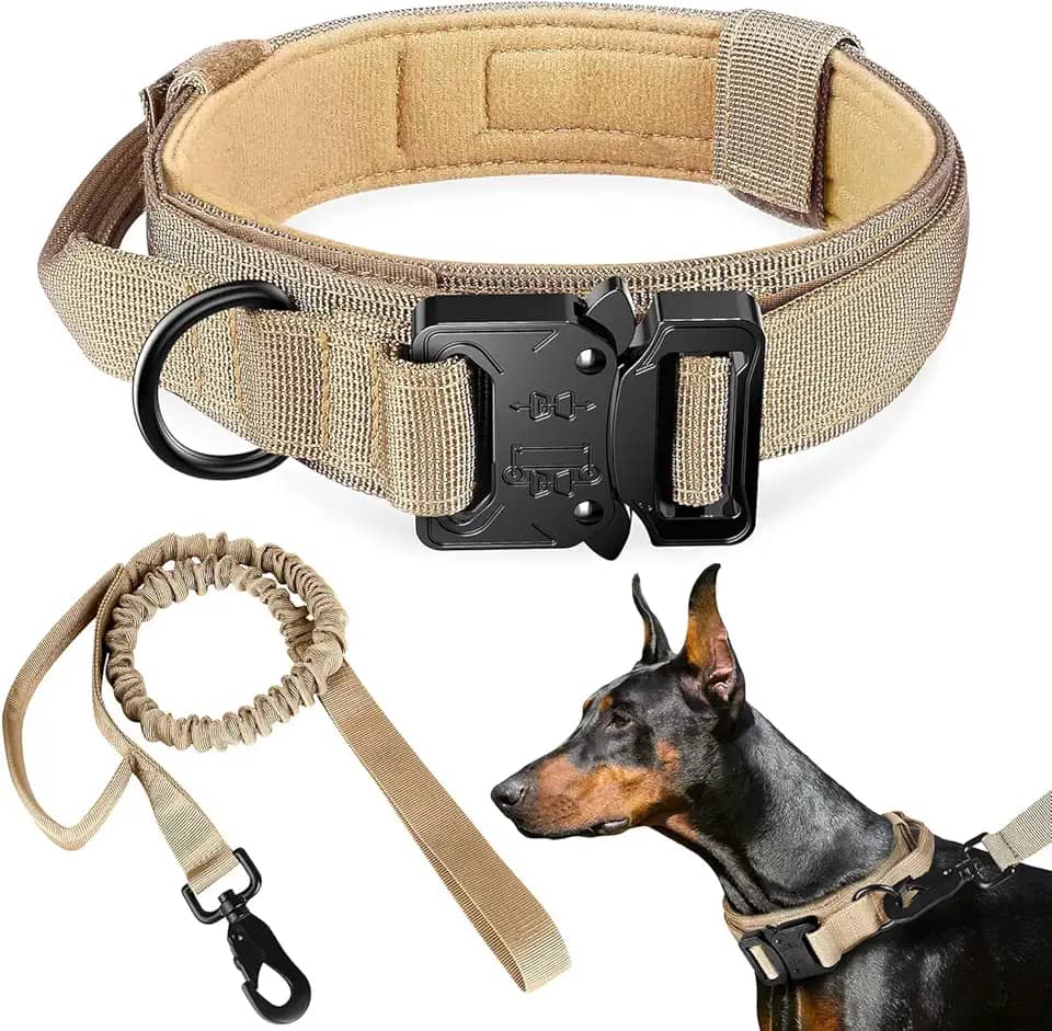 Coleira e guia táticas para cães, coleira de nylon para treinamento ajustável com alça de controle para cães de médio e grande porte para treinamento diário e caminhadas（M/Bege/Com Guia）
