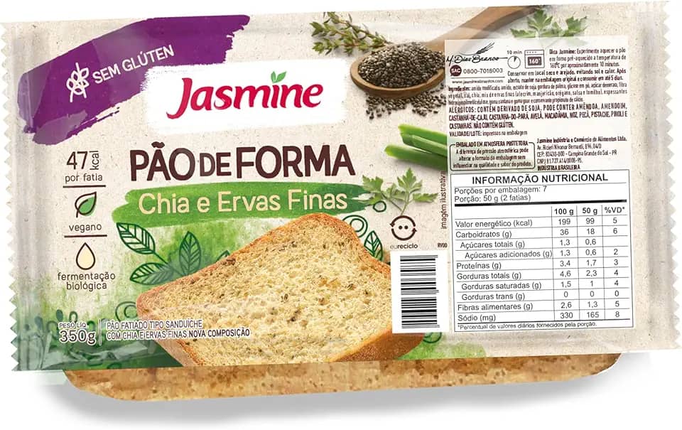 Jasmine Pão Fatiado com Chia e Ervas Finas Sem Glúten 350g