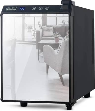BLACK+DECKER Geladeira de vinho com 6 garrafas, Refrigerador de vinho com frente espelhada, Mini Refrigerador de Vinho Termoelétrico, BD60316