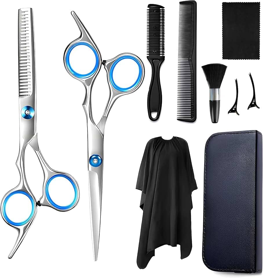 Kit Barbeiro Profissional 10 Peças - Tesoura de Cabeleireiro com Capa Protetora, Tesoura para Cortar Cabelo, Pentes e Acessórios para Barbearia ou Casa - Presente Ideal para Barbeiros e Cabeleireiros