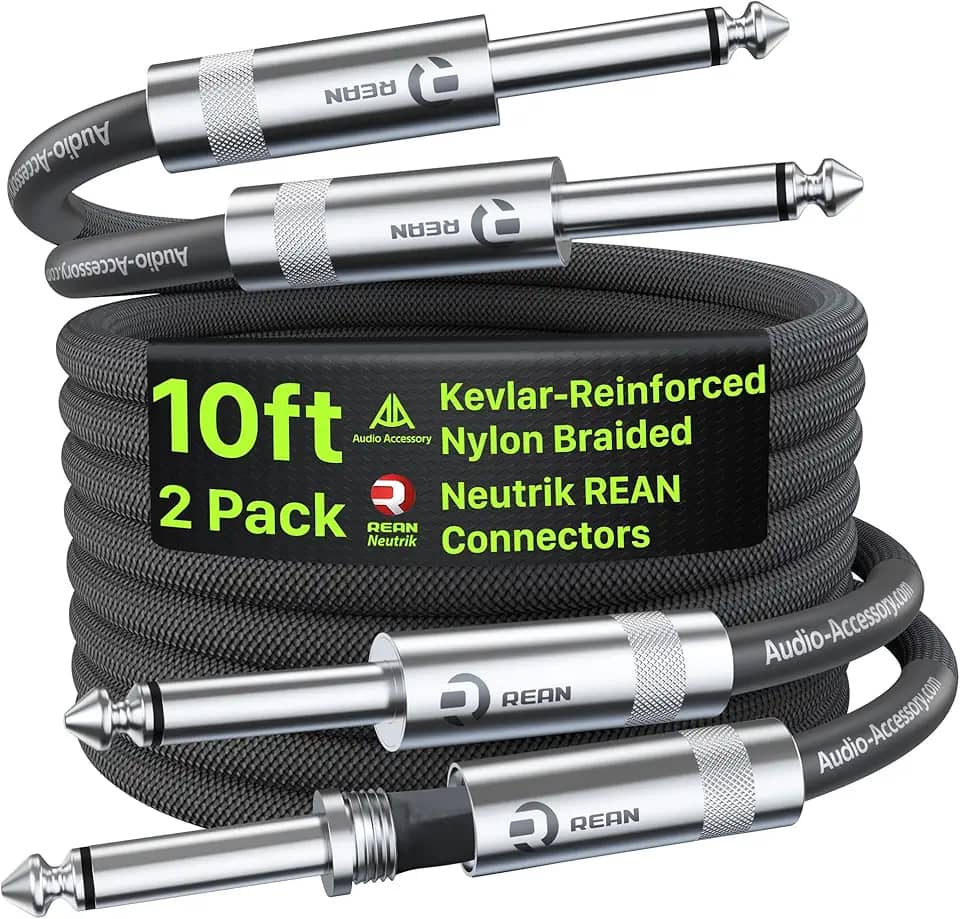 Cabo Guitarra 2 Unidades 3 m, Cabo P2 com Tecido de Nylon Anti-Enroscamento Reforçado com Kevlar, Conector Neutrik REAN, 20AWG 99,99% OFC Blindado, Cabo de Guitarra para Guitarra Elétrica Fender