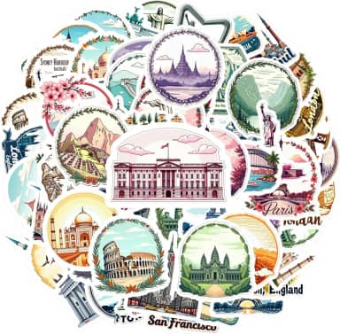 70 peças de marcos de viagem, turismo, arquitetura, arquitetura cultural, decalques adesivos de PVC ilustrativos para telefone faça você mesmo, laptop, scrapbook, bicicleta, guitarra, laptop, capacete