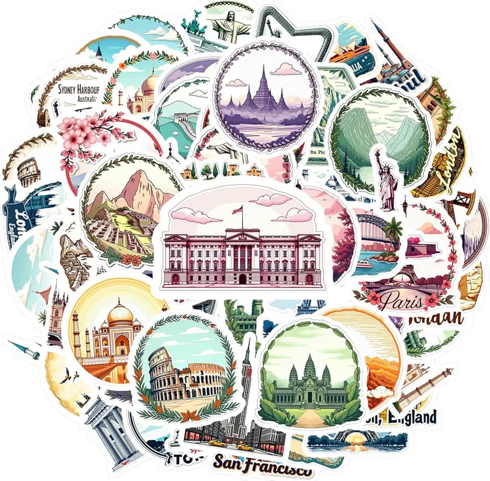 70 peças de marcos de viagem, turismo, arquitetura, arquitetura cultural, decalques adesivos de PVC ilustrativos para telefone faça você mesmo, laptop, scrapbook, bicicleta, guitarra, laptop, capacete