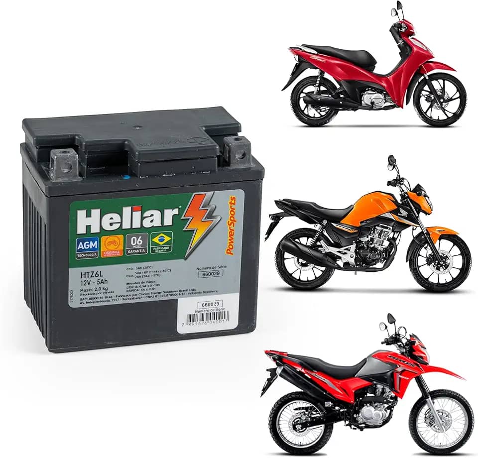 Bateria Moto Heliar Htz6l Biz Bros 125 Titan Factor Ybr Crosser Dk Xtz 150 Fan 160 Xre 190 Cb 300 Pcx Nmax 12v Envio Já