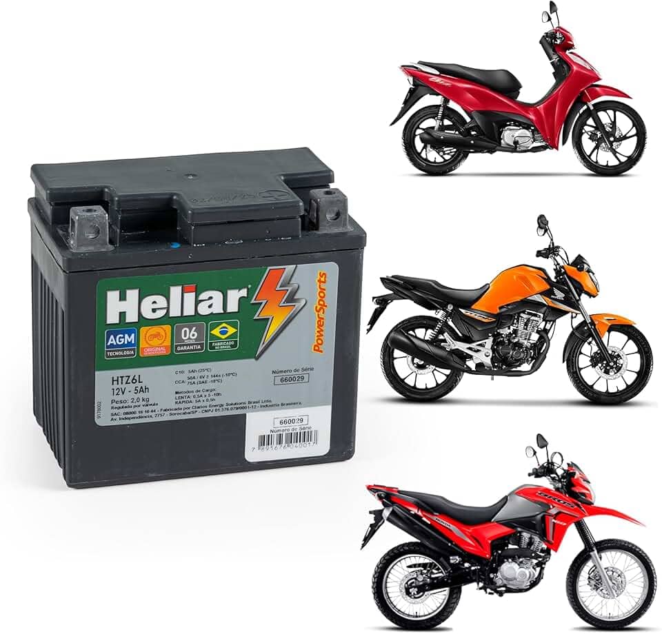 Bateria Moto Heliar Htz6l Biz Bros 125 Titan Factor Ybr Crosser Dk Xtz 150 Fan 160 Xre 190 Cb 300 Pcx Nmax 12v Envio Já