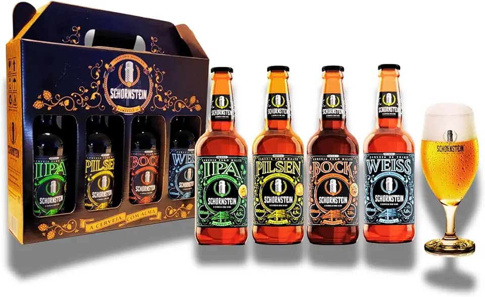 Kit Presente Cerveja Artesanal Schornstein Churrasco 4 garrafas Cerveja 500 ml e Taça 350 ml