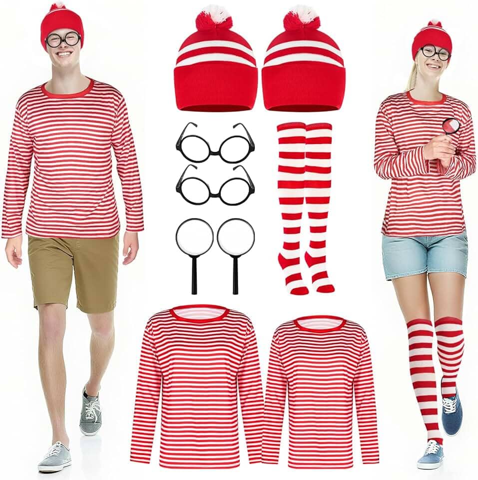 9 peças fantasias de Halloween para casais cosplay camisa listrada vermelha e branca adulto masculino feminino moletom chapéu meia lupa para casal, Halloween, cosplay, festa à fantasia