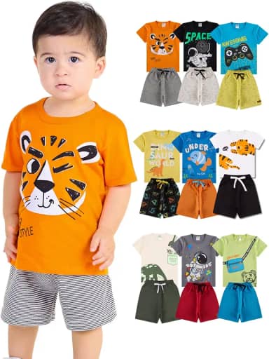 Kit Sortido 10 Peças de Roupa Bebê Infantil Menino - 5 Conjuntos Curto Verão Masculino