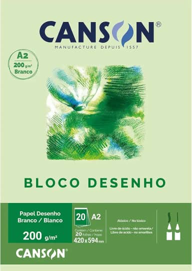 CANSON Tecnica, Papel para Desenho em Bloco, Gramatura 200 g/m², Tamanho A2, Cor Branco