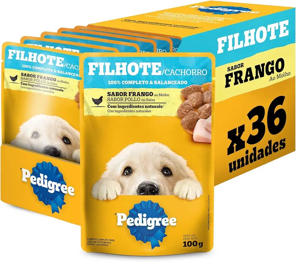 Pack Ração Úmida Pedigree Sachê Frango ao Molho para Cães Filhotes 100 g - 36 unidades