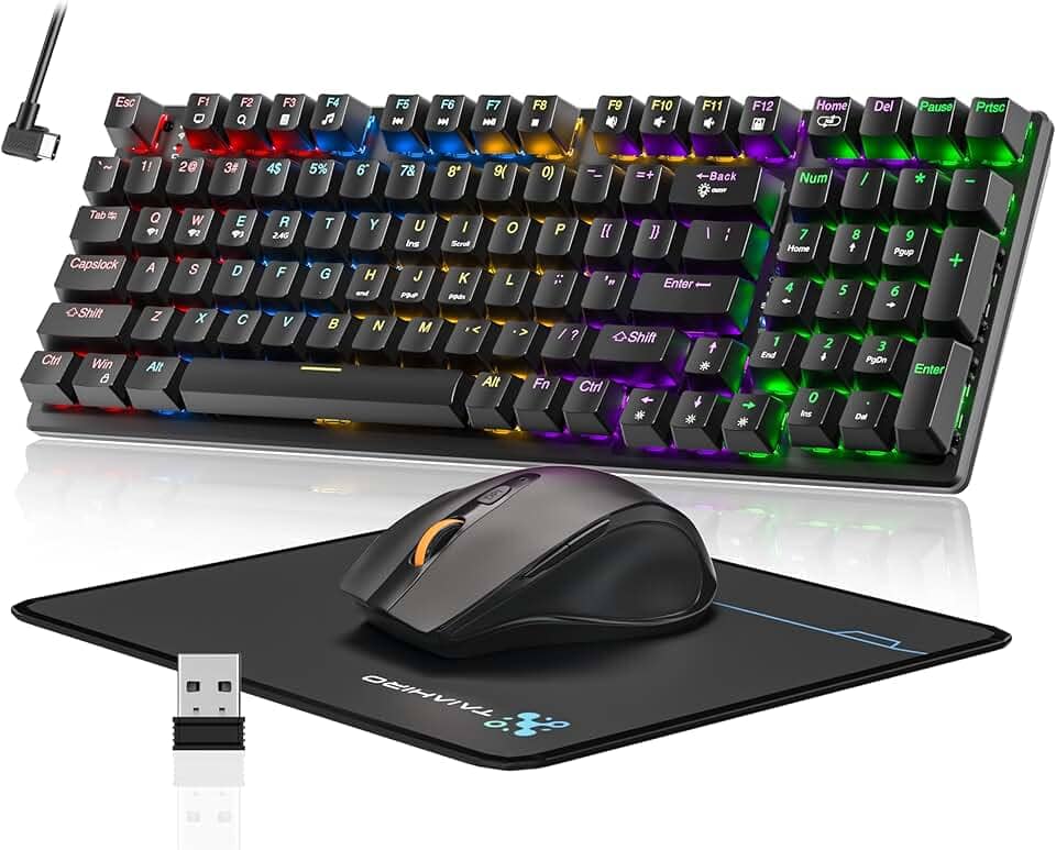 Teclado e mouse para jogos mecânicos sem fio, bateria recarregável de 2000 mAh com retroiluminação arco-íris, mouse para jogos de 3200 DPI com mouse pad, BT5.0/2.4G/USB-C, teclado anti-fantasma de 98