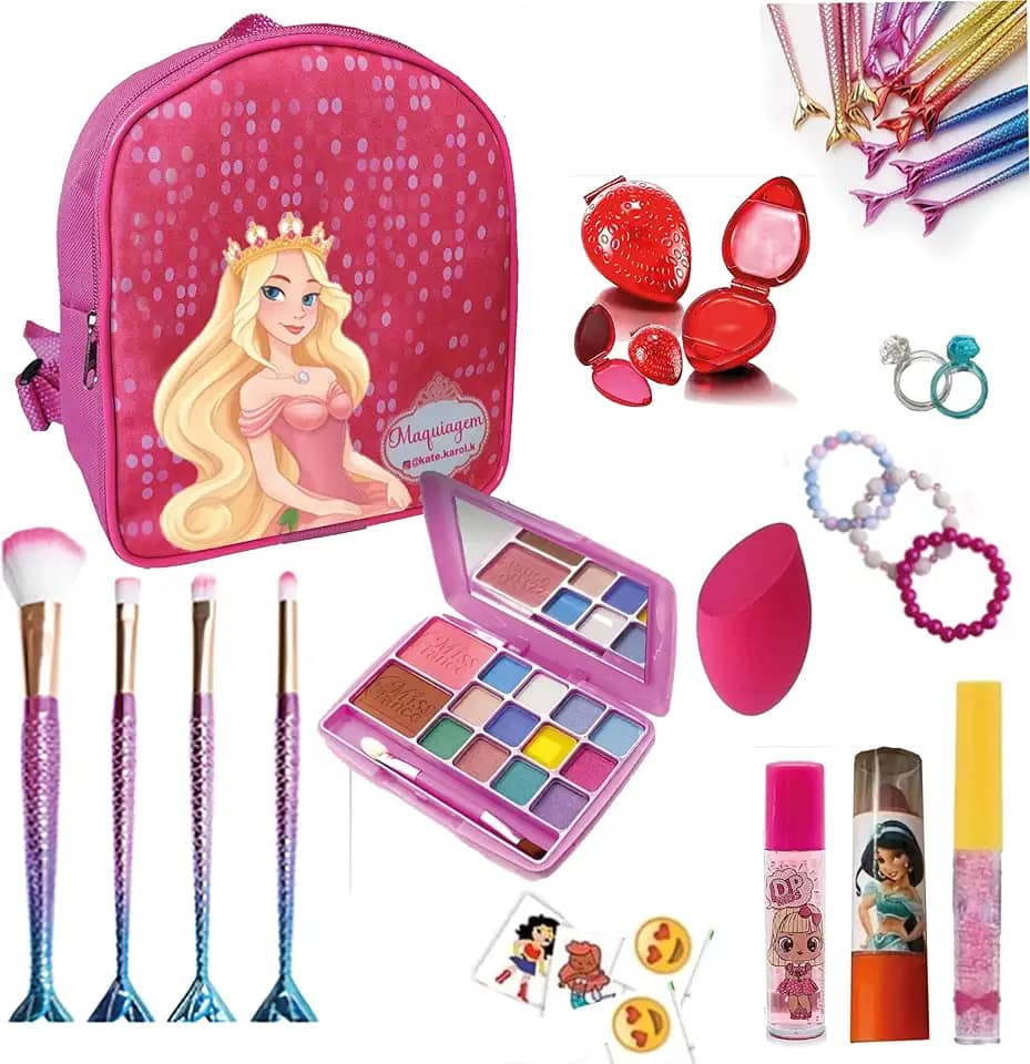 Maquiagem Infantil Kit com Mochila Rosa Princesa, mais de 20 Itens, 2 Batons, Gloss, 4 Pincéis de Sereia, Paleta de Sombras com Blush Pincel, Anel, Pulseira, Tatuagem, Brinquedo Menina, Maquiagem Para Crianças.
