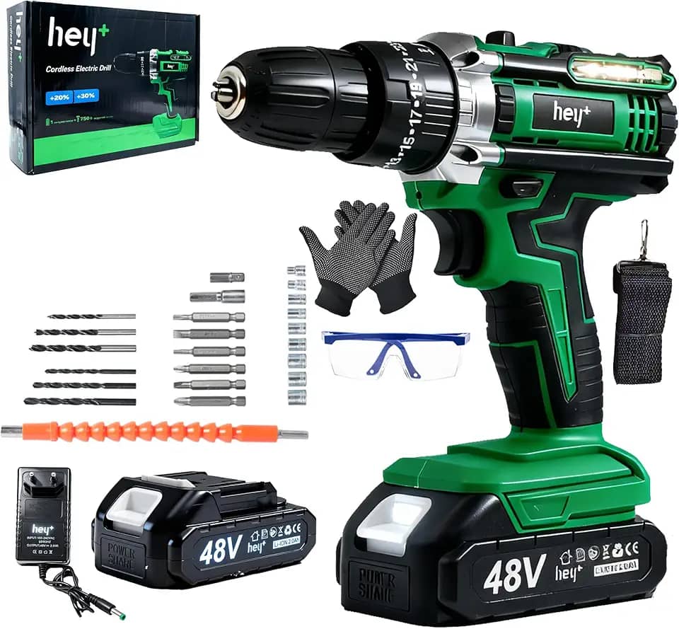 Furadeira de impacto e parafusadeira 3 em 1 de 48V, kit completo com controle de precisão 25+3, interruptor de velocidade variável para furar e parafusar em madeira e metal