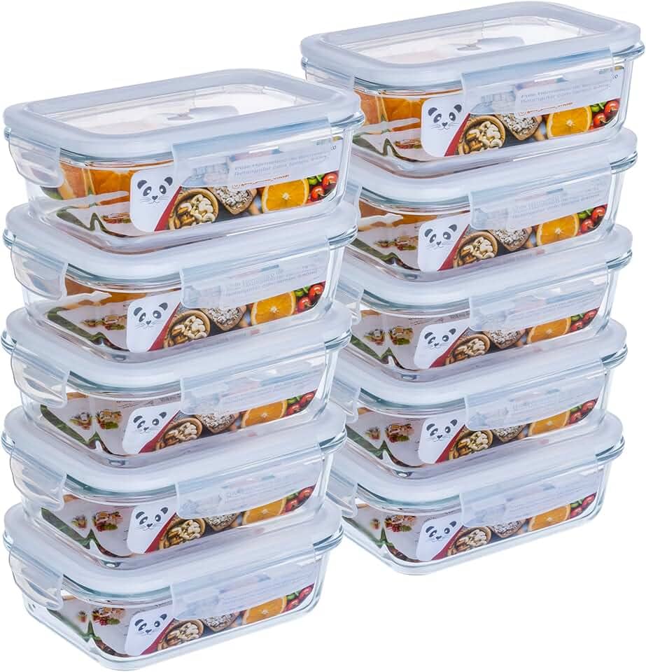 GATO PANDA Potes de Vidro Retangulares com Tampa Hermética, 640ml, Vidro Borossilicato, Kit com 4, 5, 6, 10 ou 12 Unidades (Branco)