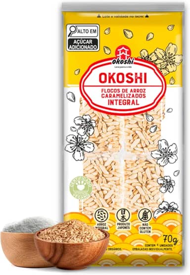Okoshi Integral 4 Barrinhas - Doce Japonês, Snacks Saudáveis de Lanches Fit para a Dieta - Vegano, Arroz Integral, Açúcar Orgânico, Sem Glúten, Sem Lactose, Sem Gordura Trans, Kosher - 70g