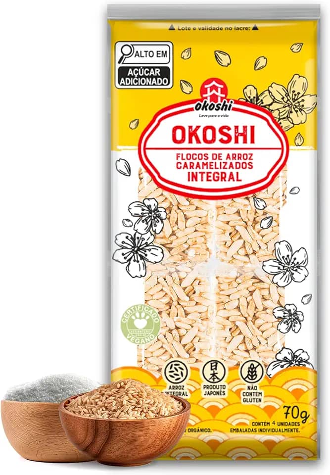 Okoshi Integral 4 Barrinhas - Doce Japonês, Snacks Saudáveis de Lanches Fit para a Dieta - Vegano, Arroz Integral, Açúcar Orgânico, Sem Glúten, Sem Lactose, Sem Gordura Trans, Kosher - 70g