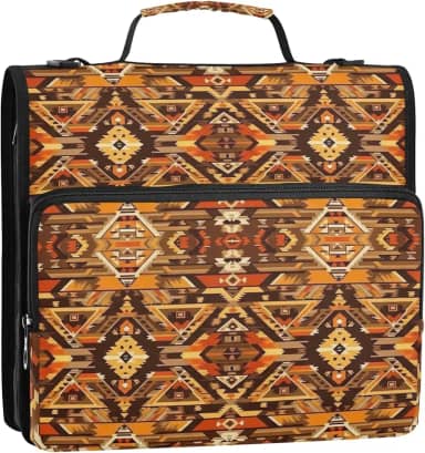 Fichários de 3,8 cm com 3 anéis, motivos tribais resistentes, marrom com zíper, bolsa de fichário para ensino médio com alça, portfólio de desenhos animados e estojo, suporte para pasta de anéis 34,5