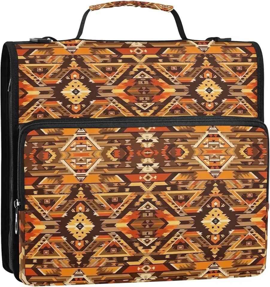 Fichários de 3,8 cm com 3 anéis, motivos tribais resistentes, marrom com zíper, bolsa de fichário para ensino médio com alça, portfólio de desenhos animados e estojo, suporte para pasta de anéis 34,5