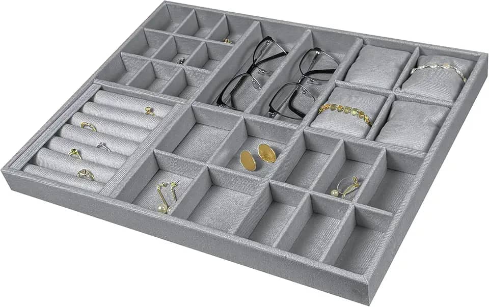 Reluz Art Organizador Para Joias Gaveta Veludo Para Acessórios, Relógios, Anéis, Óculos e Colares (45 x 35 x 3,5cm, Cinza)