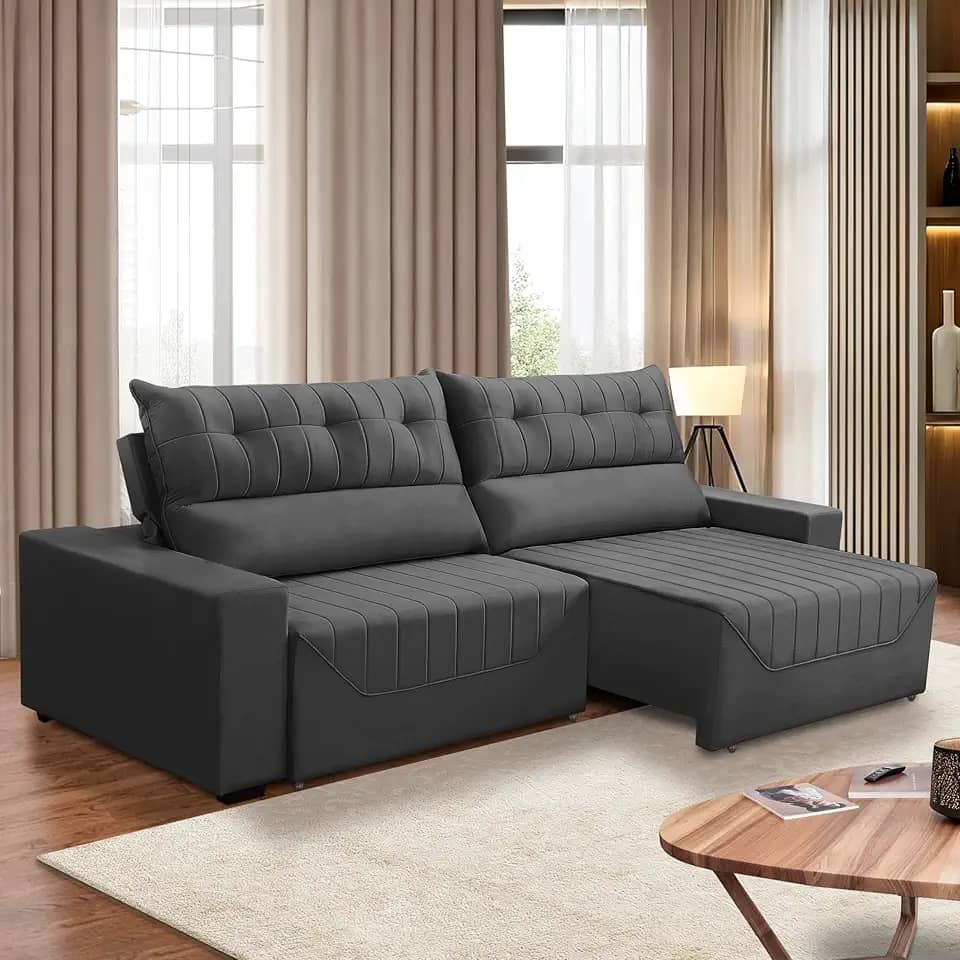 Sofá Retrátil e Reclinável 5 Lugares 3,00m Antonella Veludo Cinza Adonai Estofados