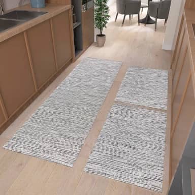 Kit Tapete de Cozinha 3 peças com Passadeira e Tapetes Antiderrapantes (Mesclado Cinza Claro)