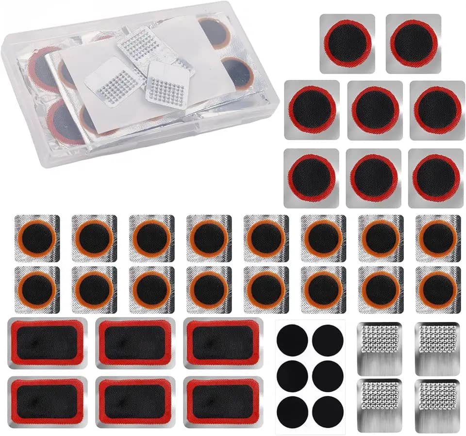 Kit de reparo de pneu de bicicleta, 30 peças de remendos de pneu Kit de reparo de perfuração de pneu de bicicleta com 6 peças de adesivos de perfuração sem cola e raspas de metal para reparo de pneu