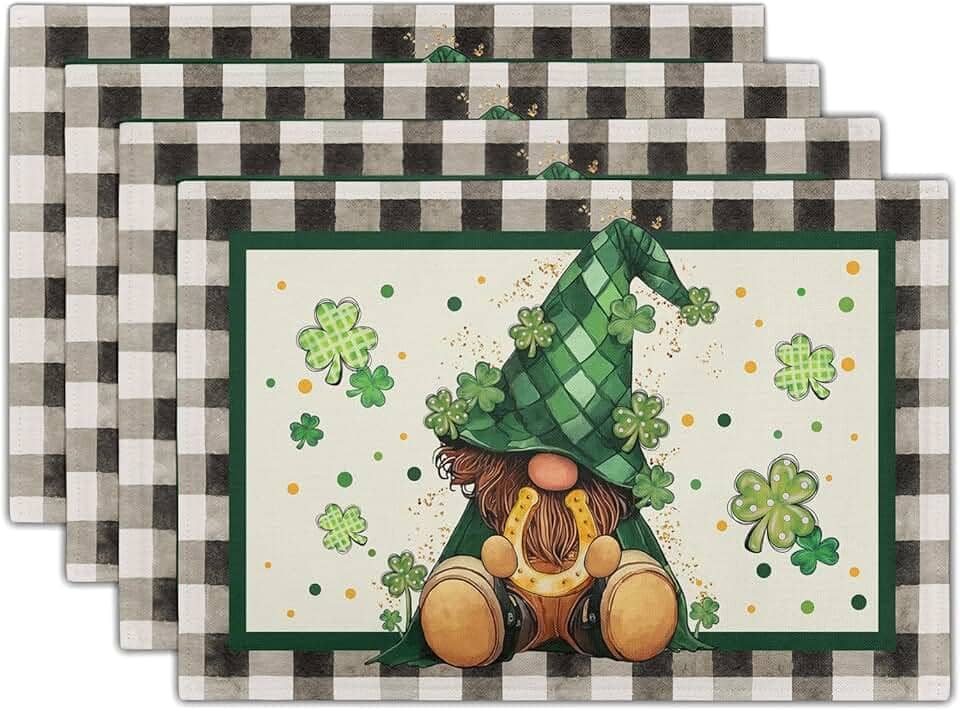 Jogo americano do Dia de São Patrício, conjunto de 4 45 x 30 cm, trevo irlandês e gnomo verde linho, tapete de mesa resistente ao calor, lavável, limpável, trevo de São Patrício, para festa, cozinha